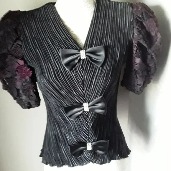 Vintage Karen Lawrence by Matthew lovely crinkle blk and purple puffy top size 8 - Picture 6 of 13